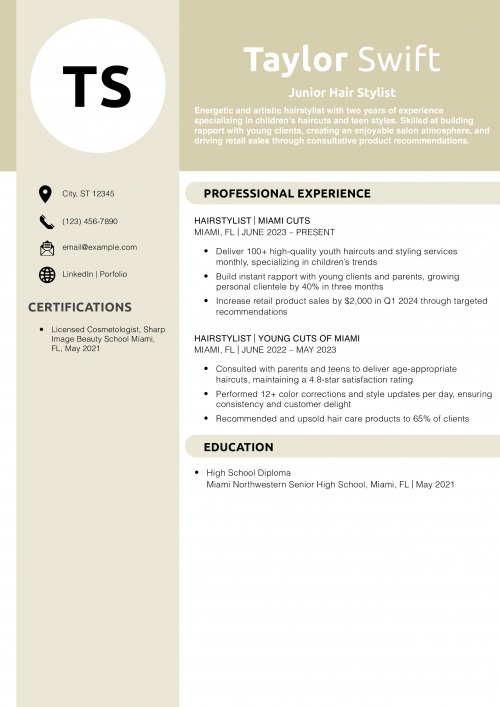 Junior Hair Stylist Resume Example