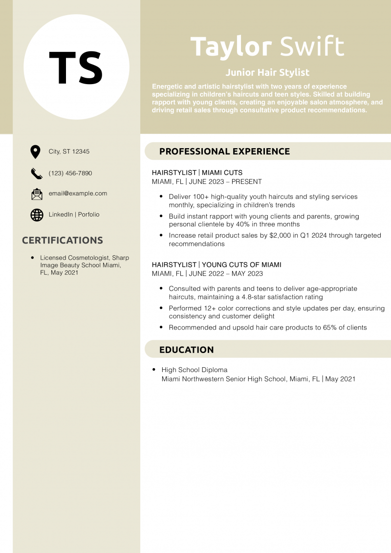 Junior Hair Stylist Resume Example