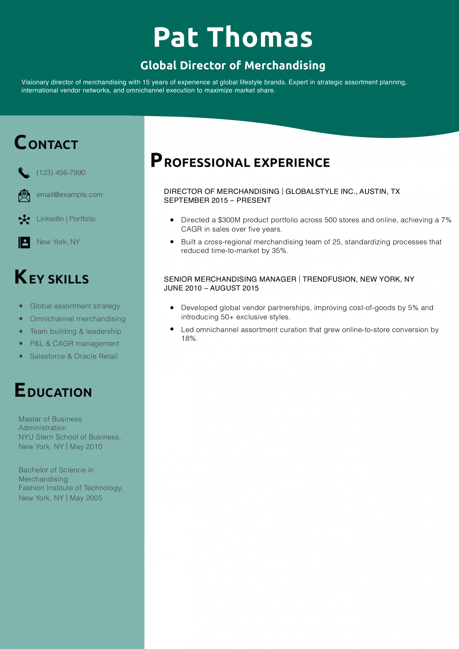 Global Director of Merchandising Resume Example