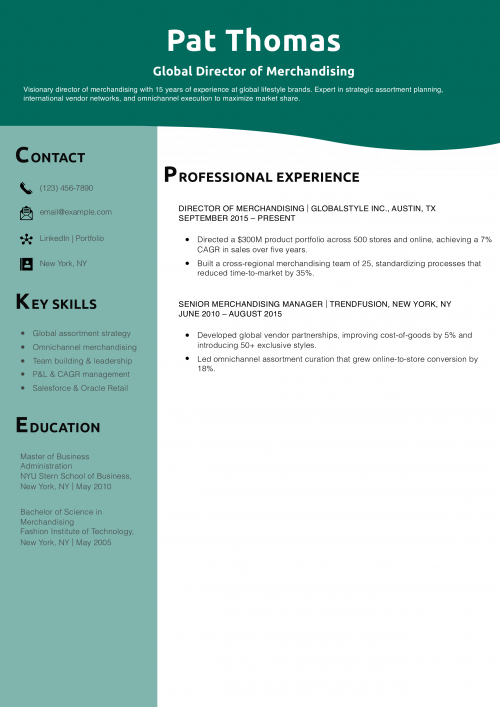 Global Director of Merchandising Resume Example