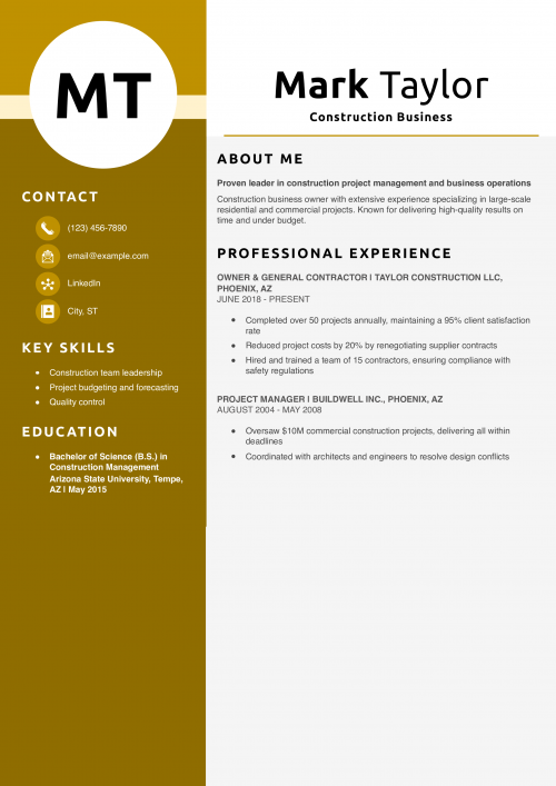 Construction Business Owner Resume