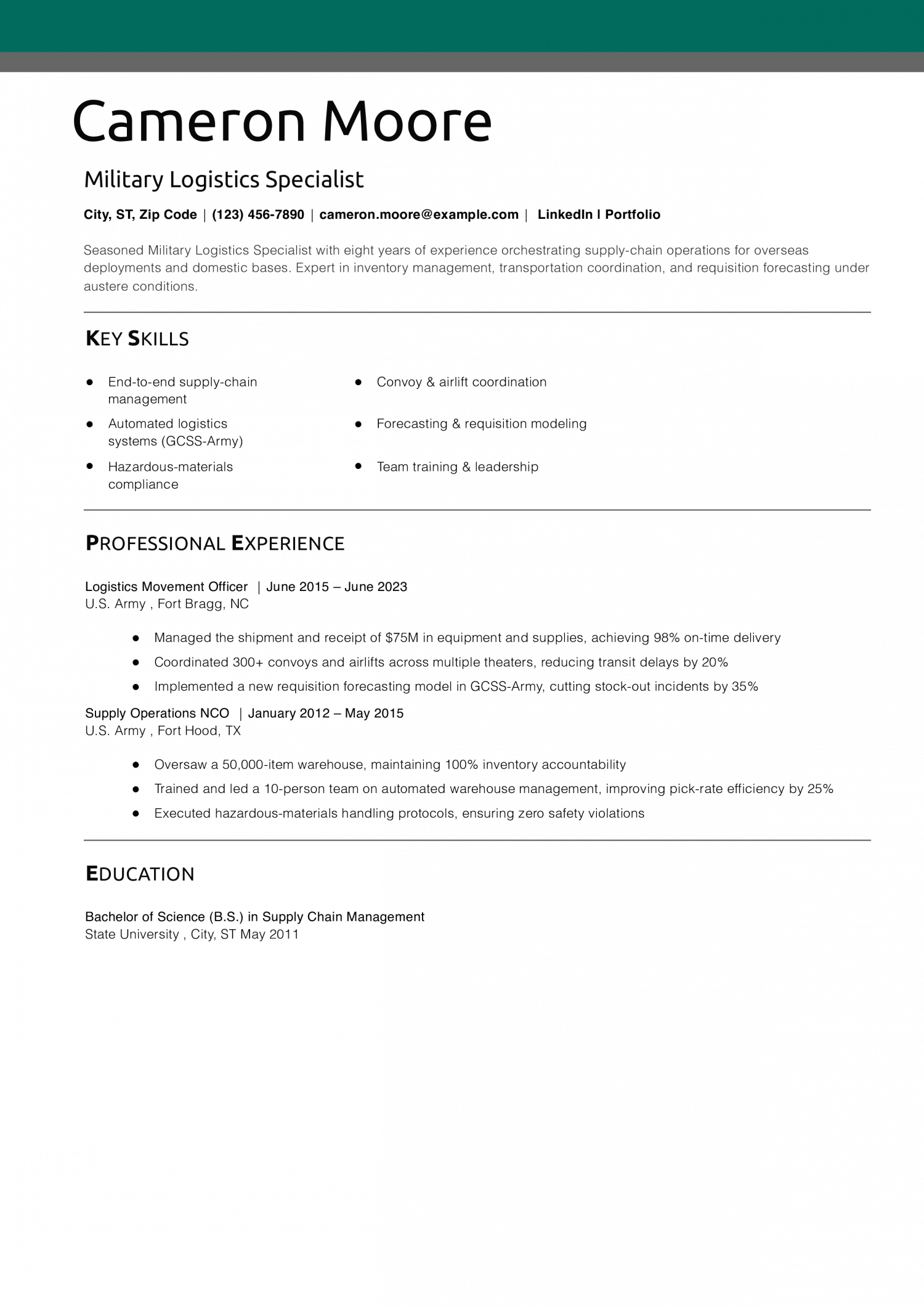 Military Logistics Specialist Resume Example 