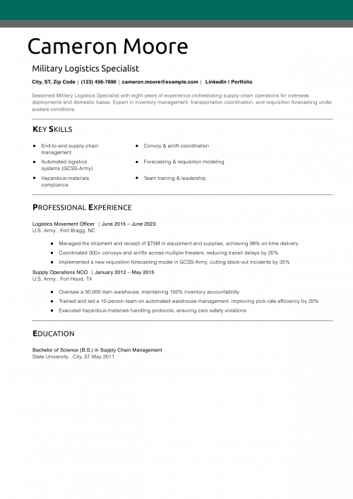 Military Logistics Specialist Resume Example 