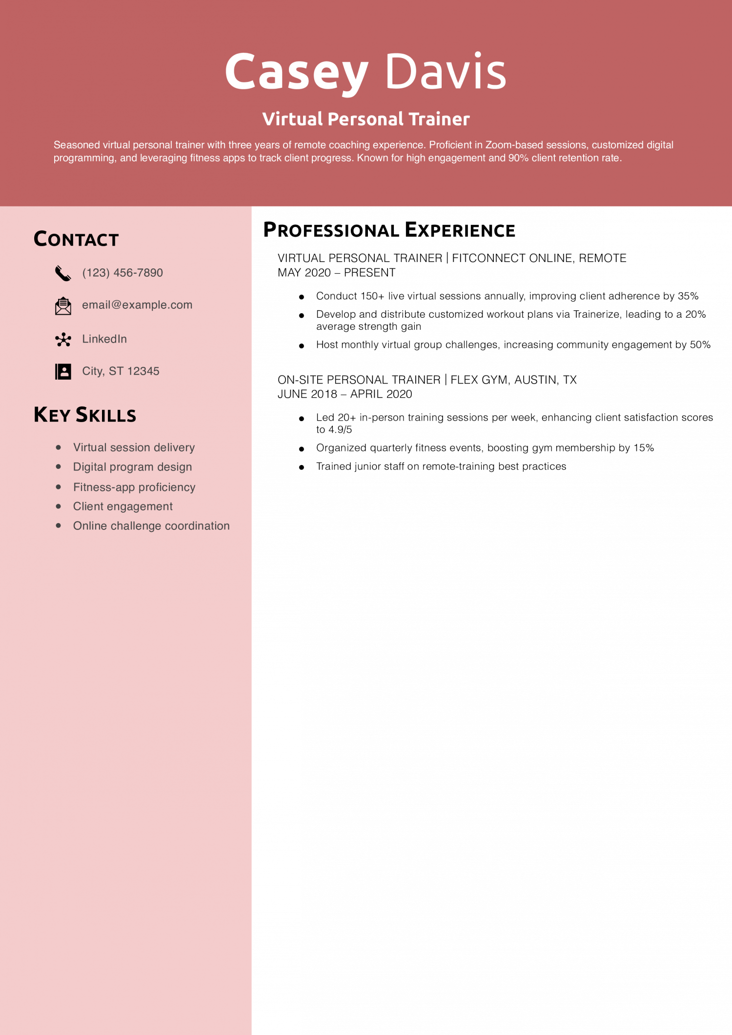 Virtual Personal Trainer Resume Example