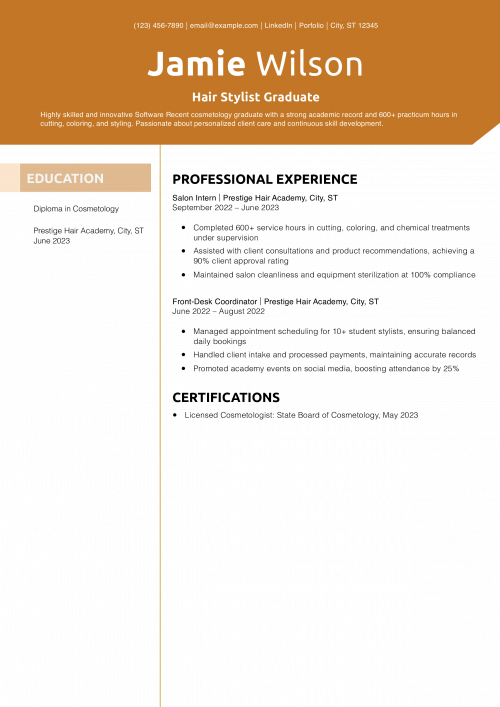 Hair Stylist Graduate Resume Example