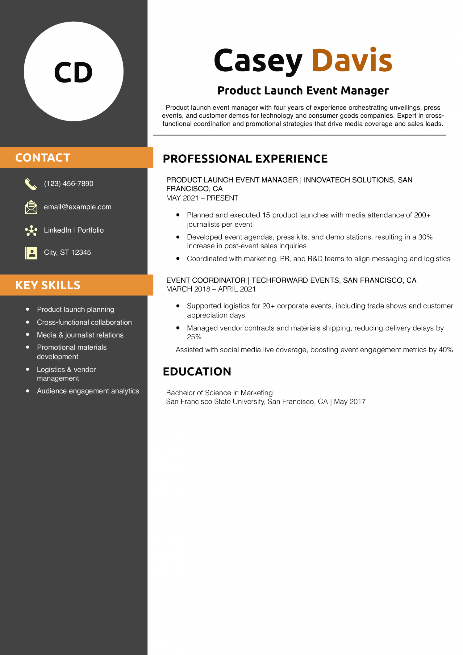 Product Launch Event Manager Resume Example