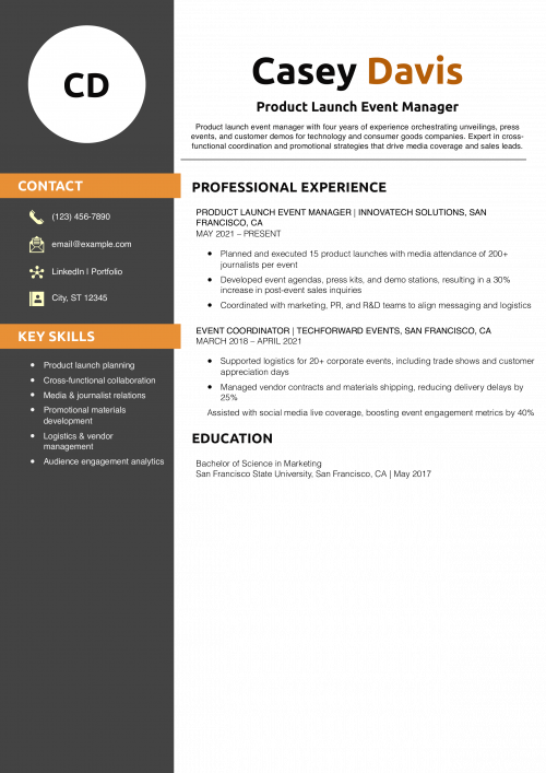 Product Launch Event Manager Resume Example