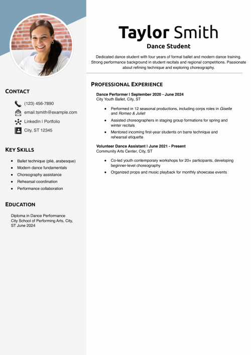Dance Student Resume Example