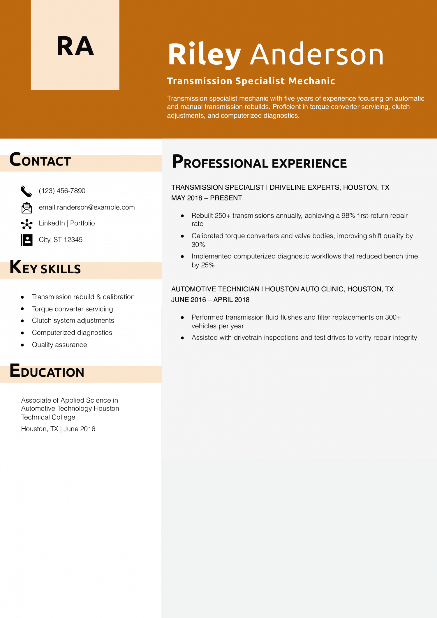Transmission Specialist Mechanic Resume Example