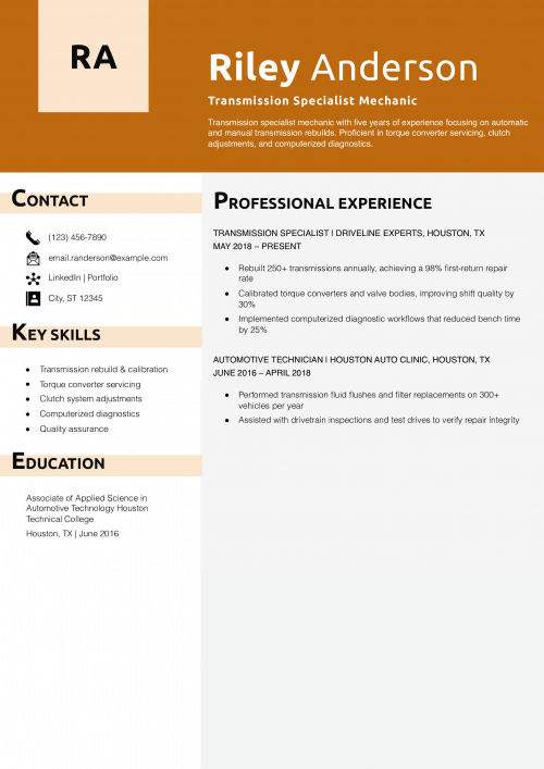 Transmission Specialist Mechanic Resume Example 