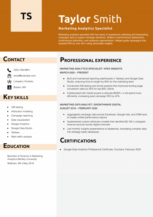Marketing Analytics Specialist Resume  