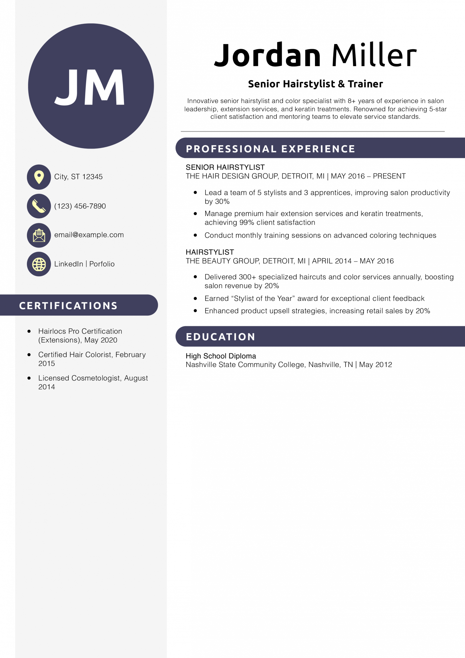Senior Hairstylist & Trainer Resume Example
