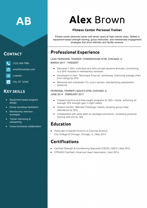 Fitness Center Personal Trainer Resume Example