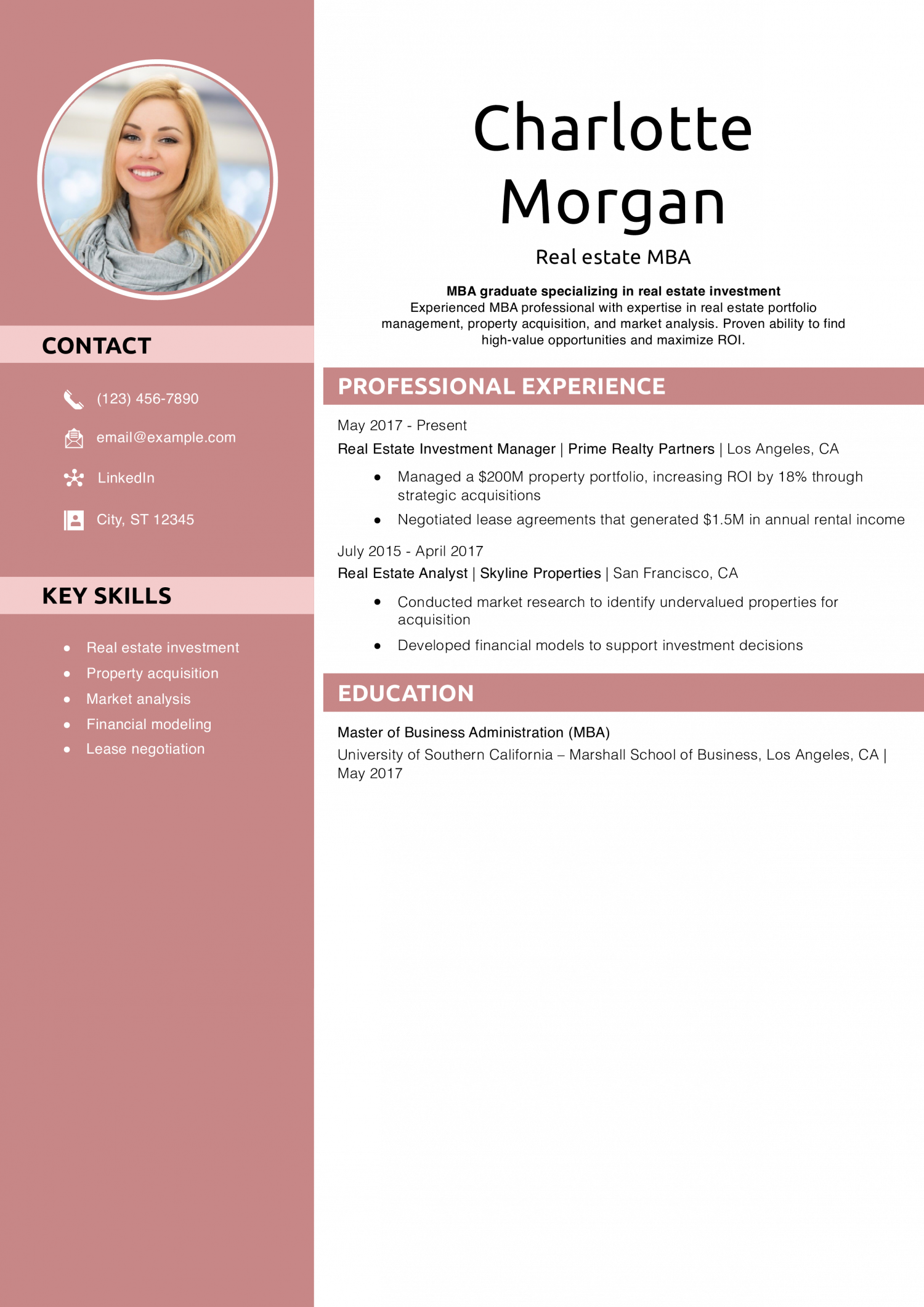 Real estate MBA resume example