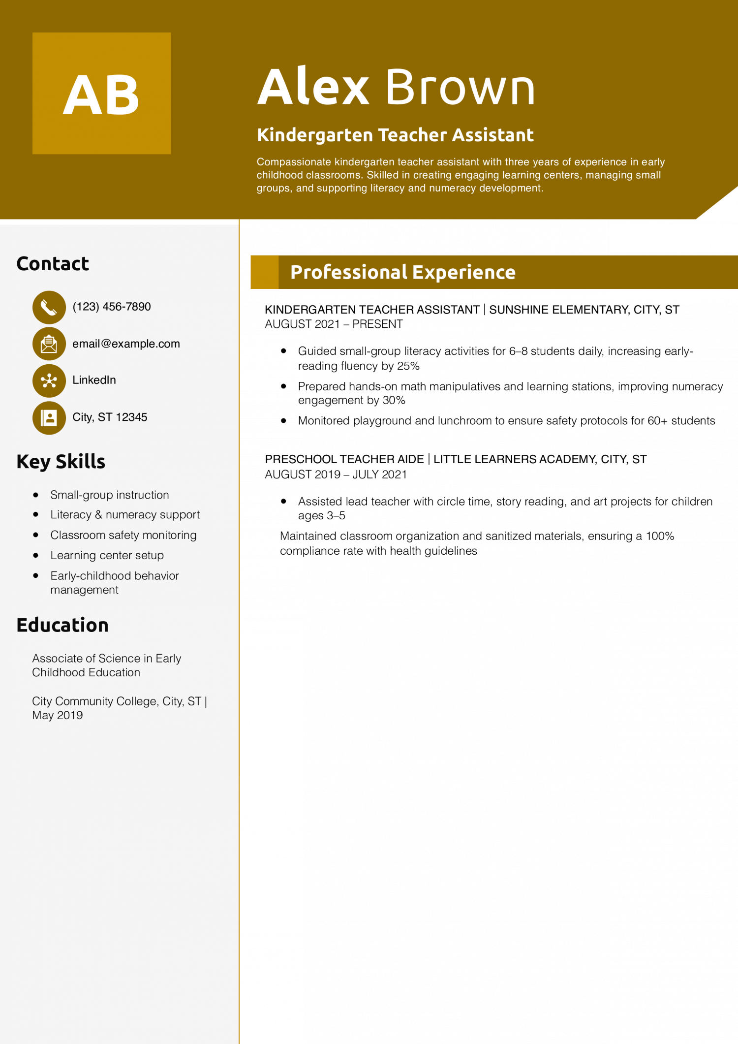 Kindergarten Teacher Assistant Resume Example