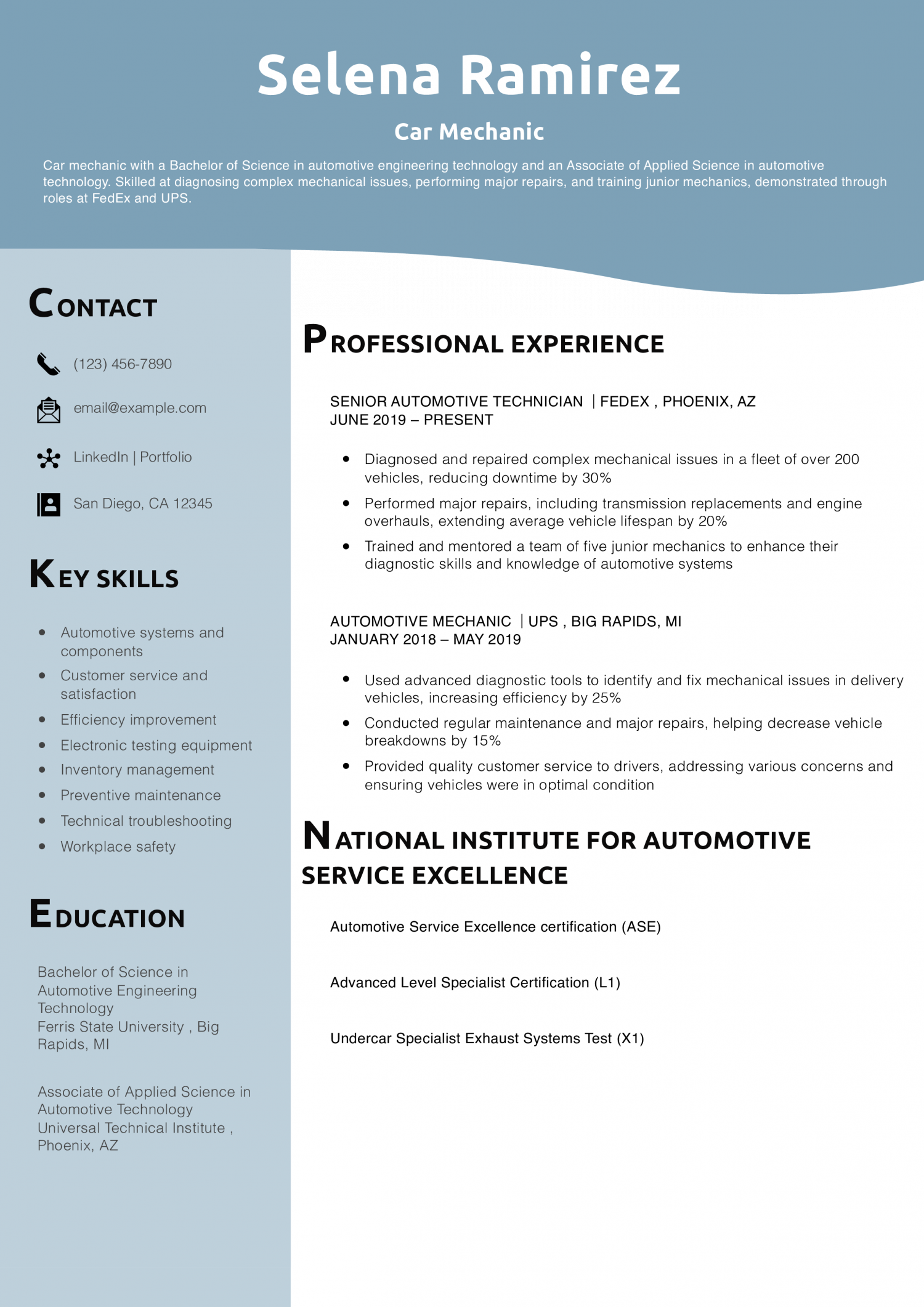 Car Mechanic Resume Example