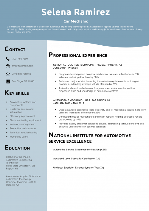 Car Mechanic Resume Example  