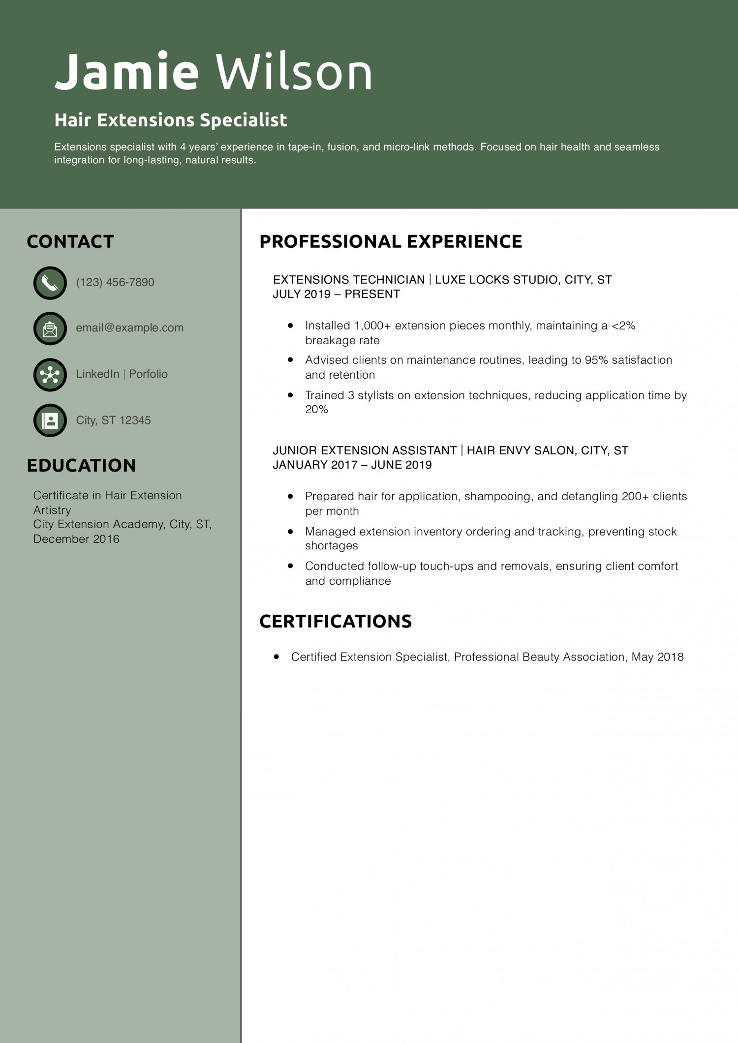 Hair Extensions Specialist Resume Example