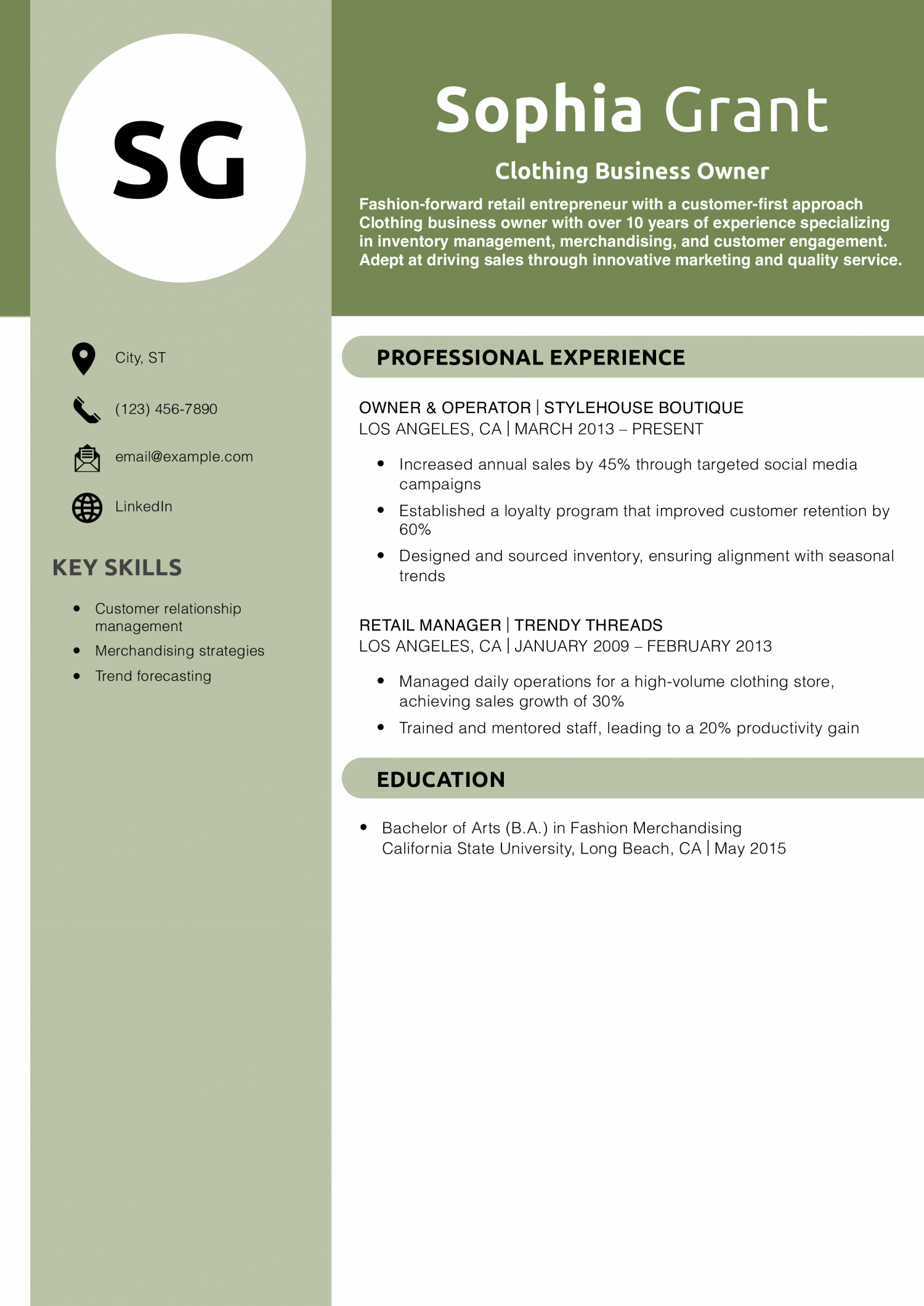 Clothing Business Owner Resume