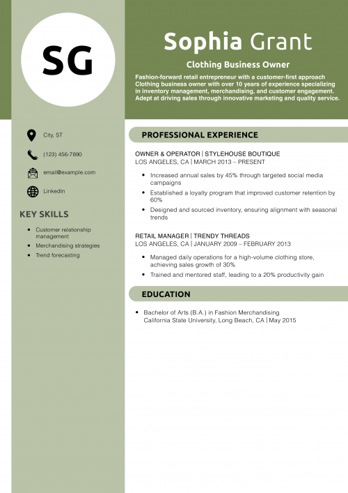 Clothing Business Owner Resume