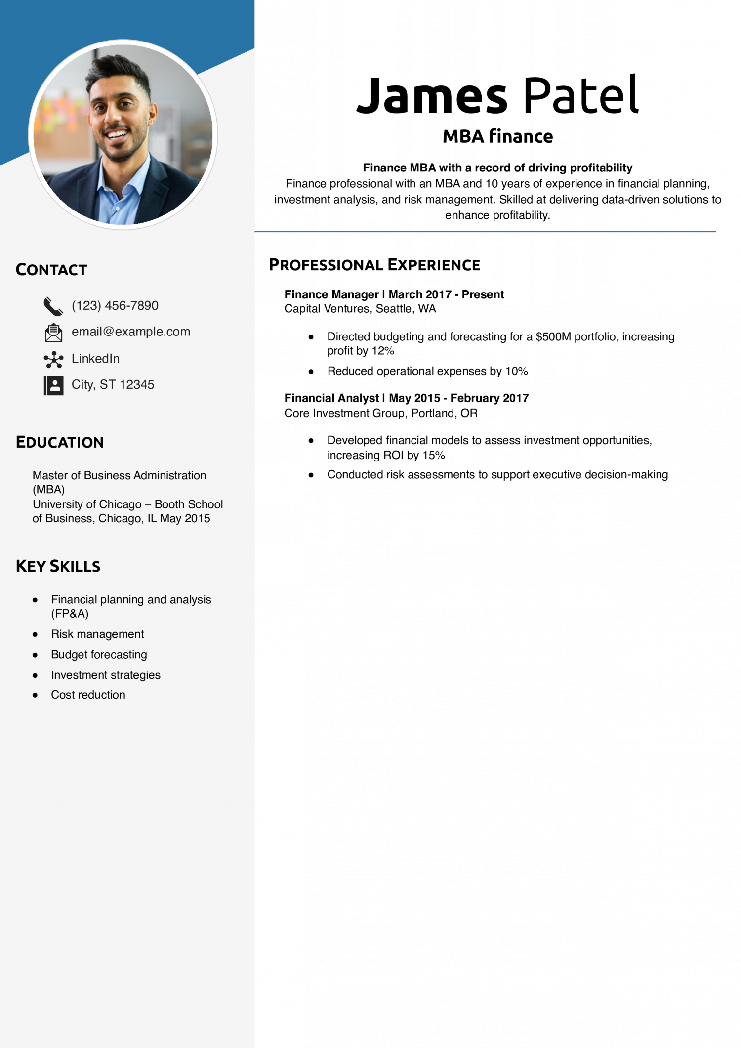 MBA finance resume example