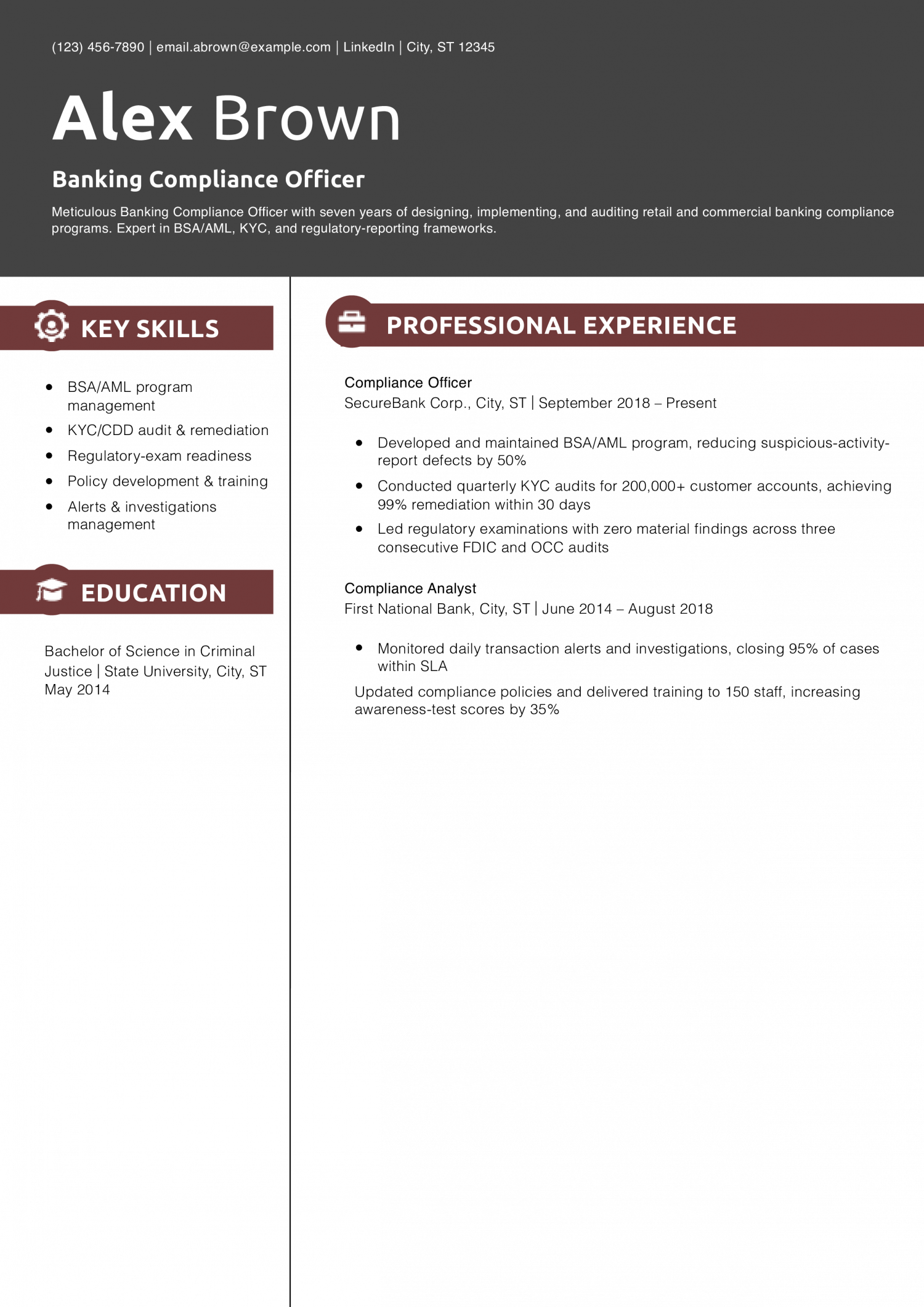 Banking Compliance Officer Resume Example
