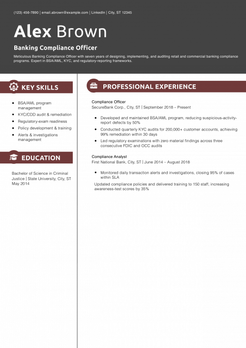 Banking Compliance Officer Resume Example