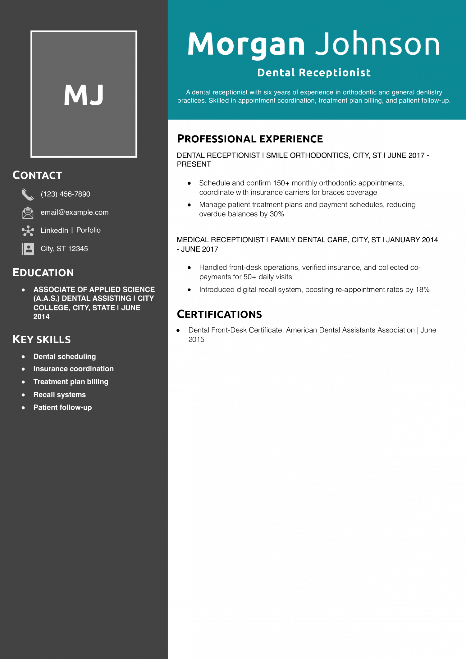 Dental Receptionist Resume Example