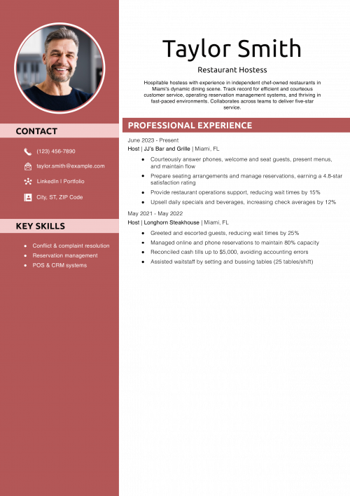 Restaurant Hostess Resume Example