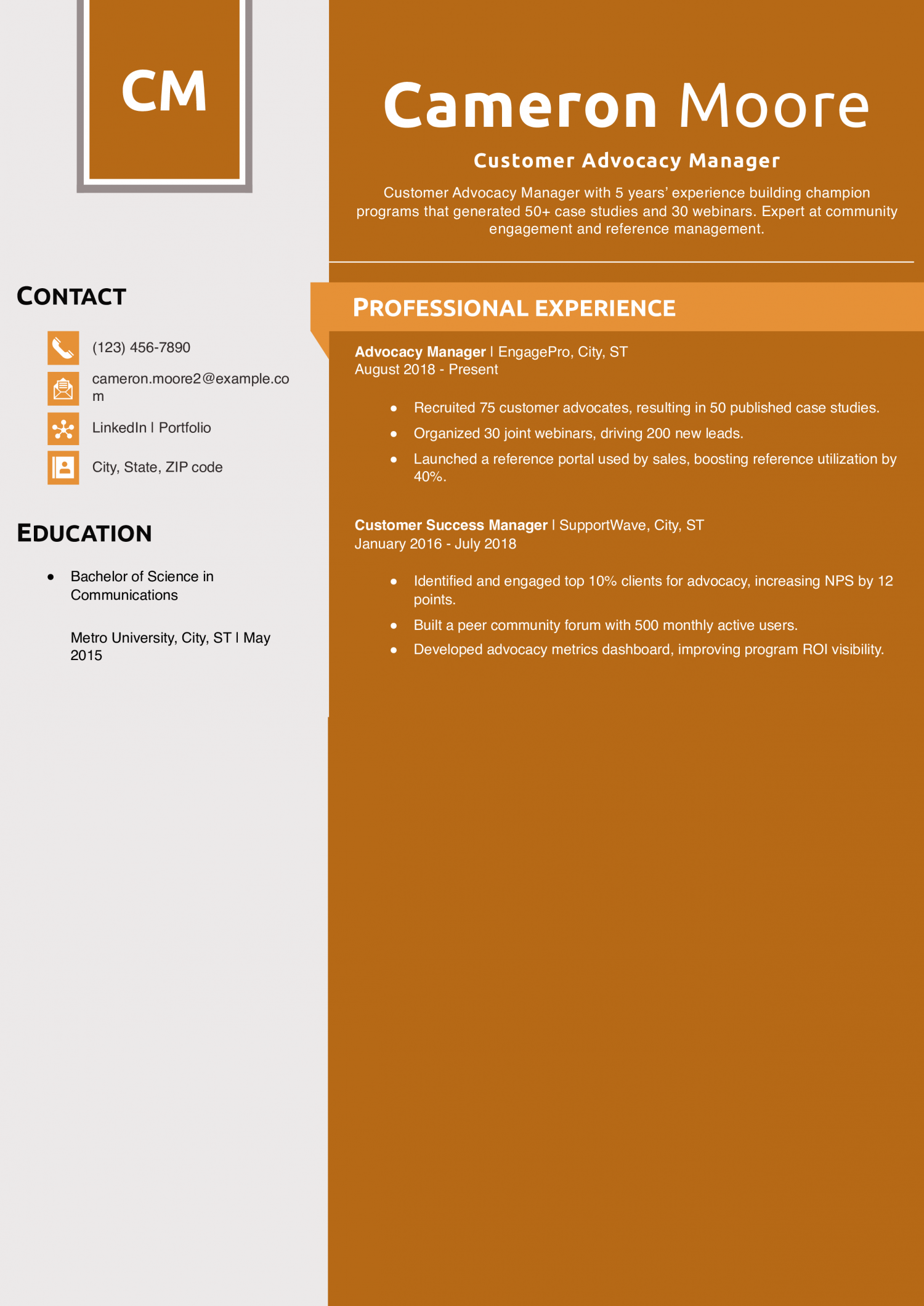 Customer Advocacy Manager Resume Example