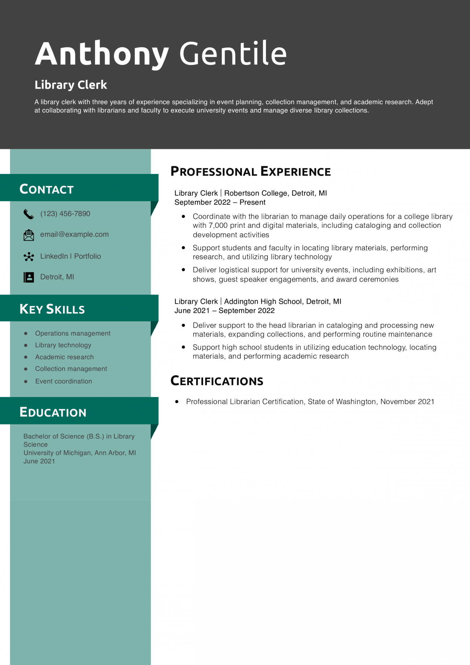 Library Clerk Resume Example