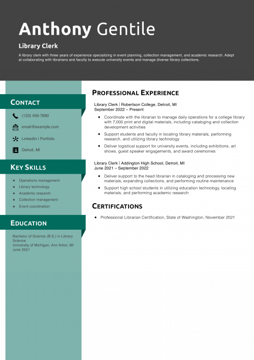 Library Clerk Resume Example