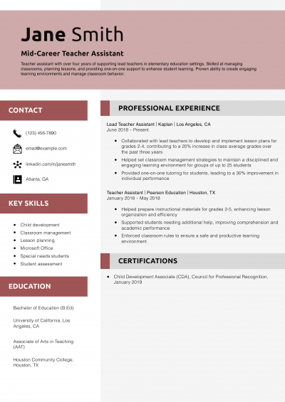 Mid-Career Teacher Assistant Resume Example
