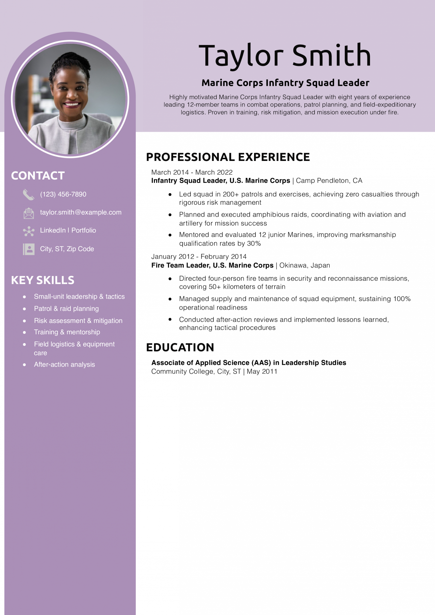 Marine Corps Infantry Squad Leader Resume Example 