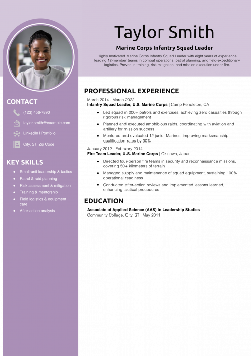 Marine Corps Infantry Squad Leader Resume Example 