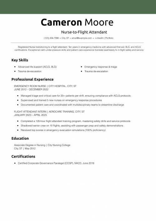 Nurse-to-Flight Attendant Resume Example