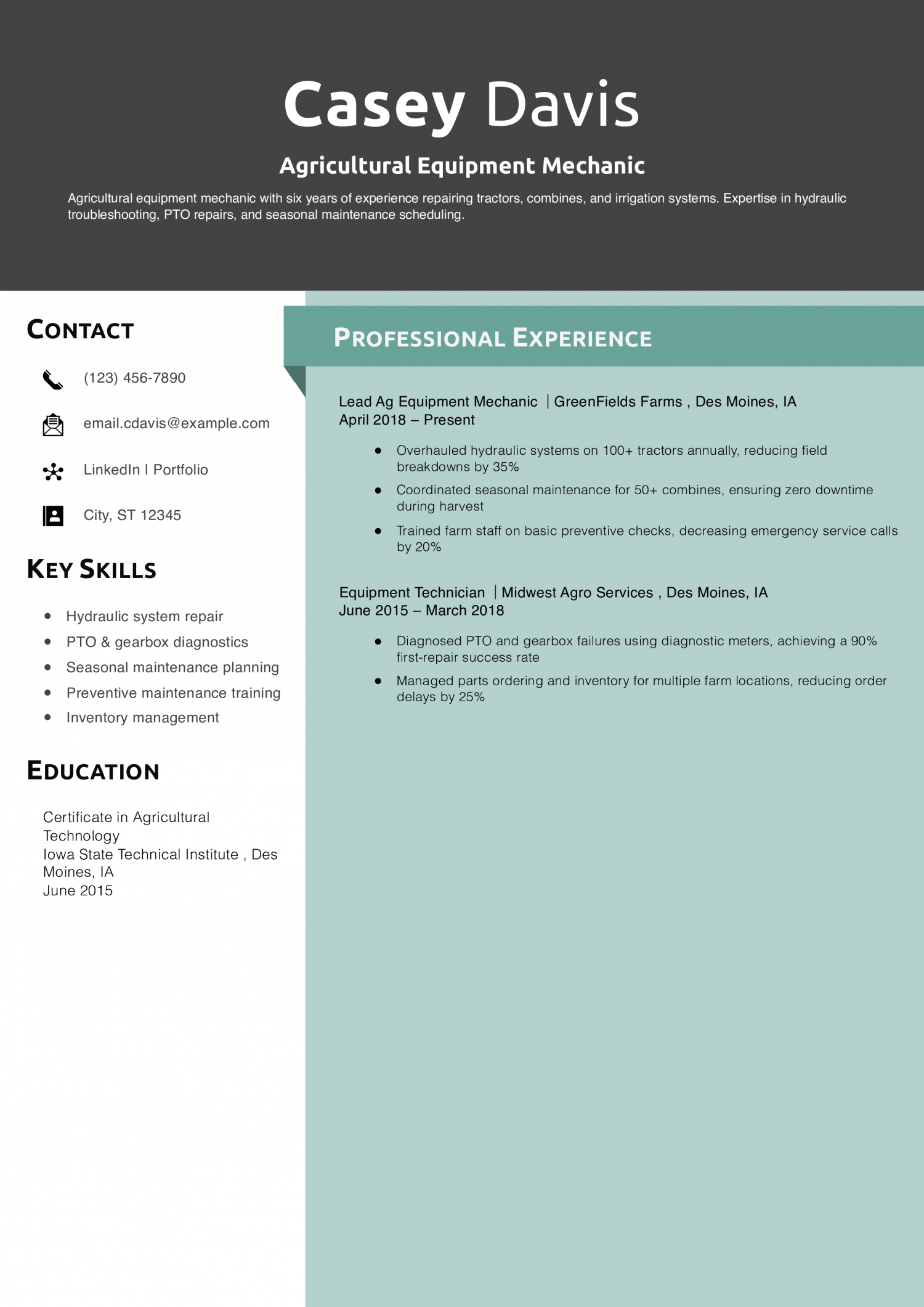 Agricultural Equipment Mechanic Resume Example