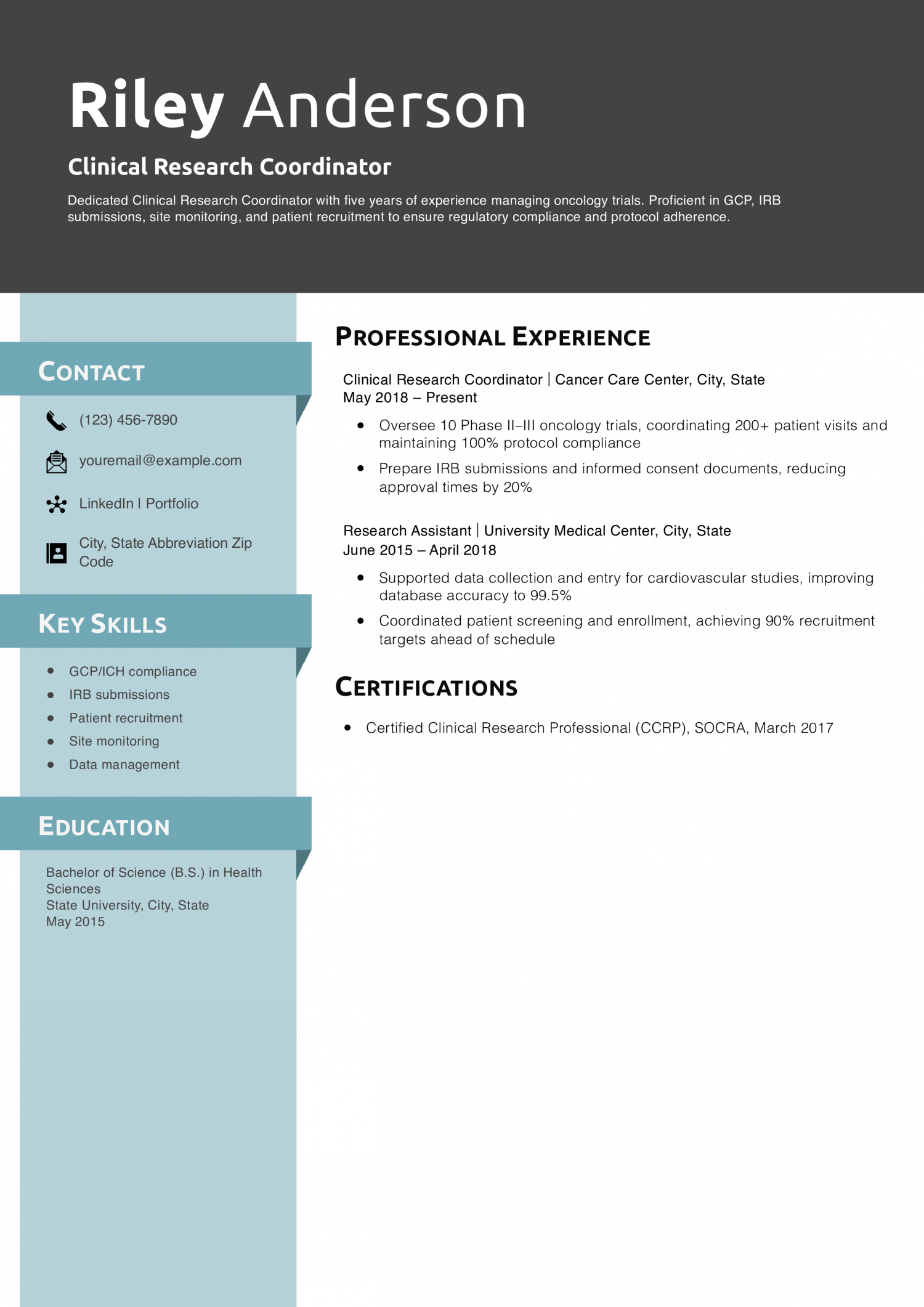 Clinical Research Coordinator Resume Example