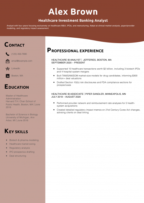 Healthcare Investment Banking Analyst Resume Example