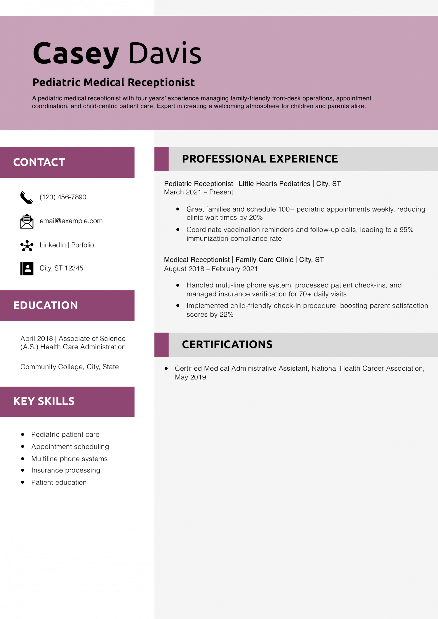 Pediatric Medical Receptionist Resume Example