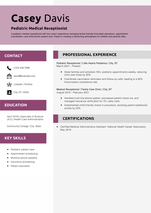 Pediatric Medical Receptionist Resume Example