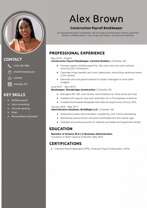 Construction Payroll Bookkeeper Resume Example 