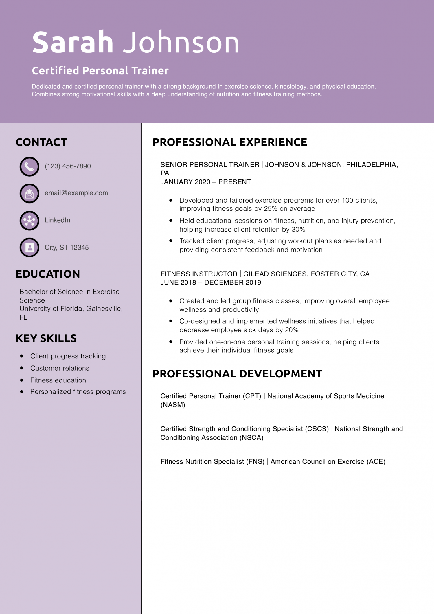 Certified Personal Trainer Resume Example