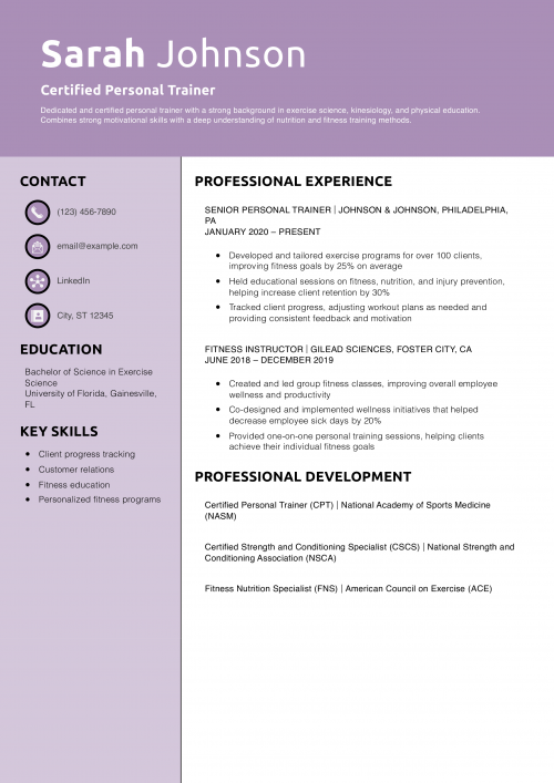 Certified Personal Trainer Resume Example