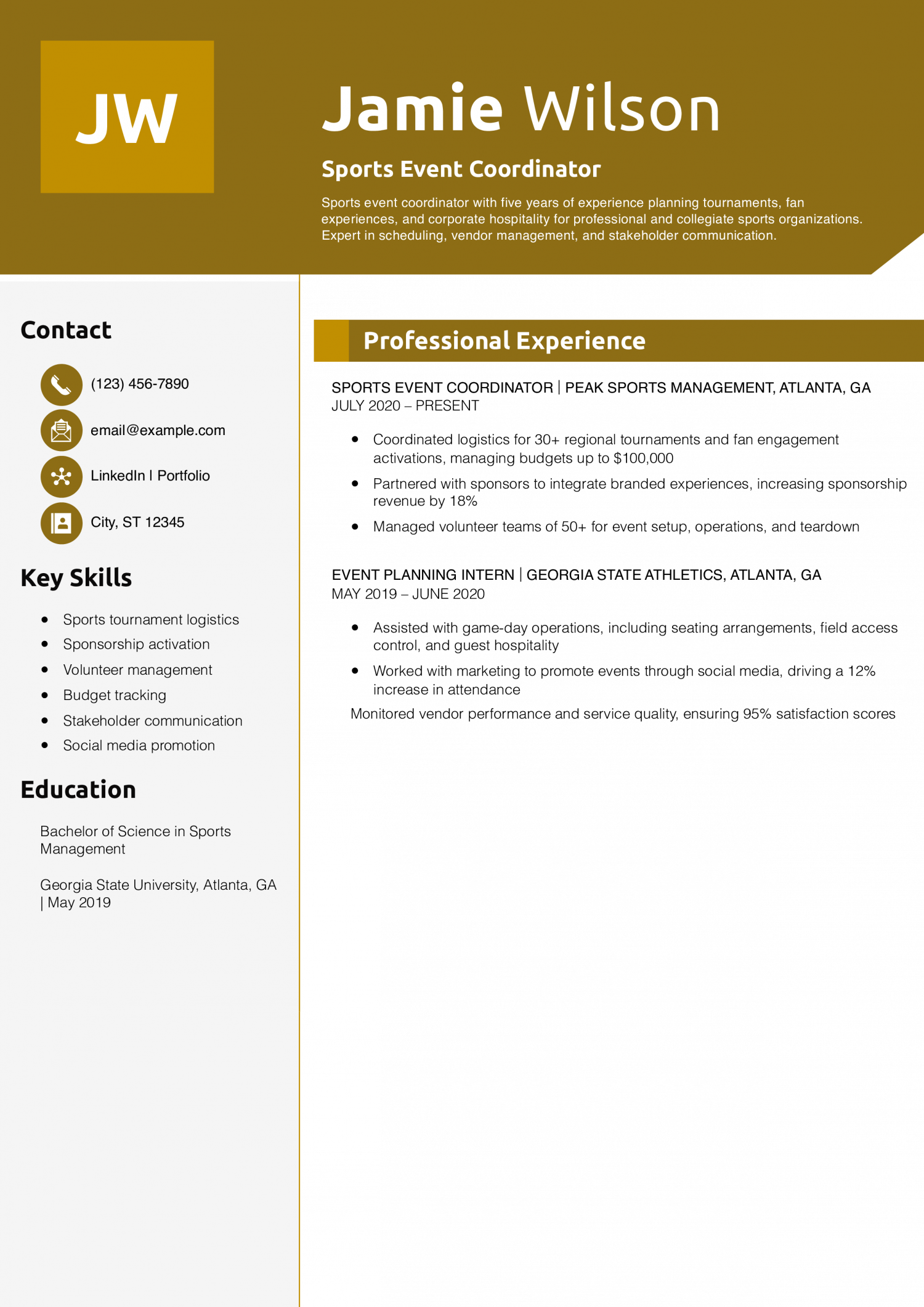 Sports Event Coordinator Resume Example