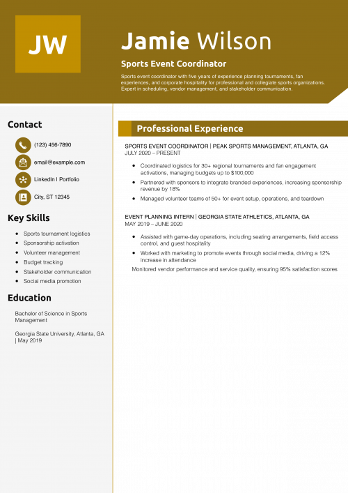 Sports Event Coordinator Resume Example