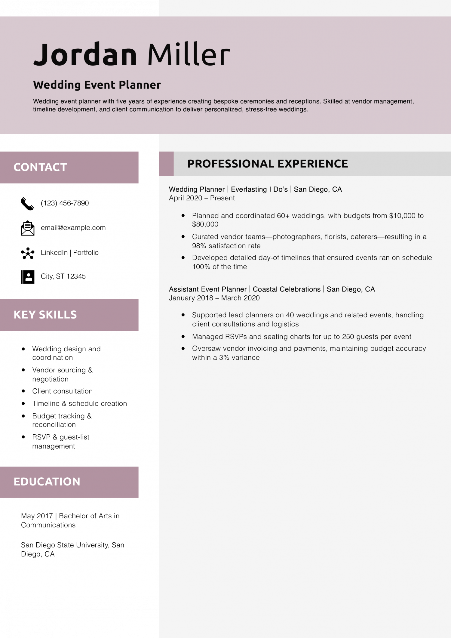 Wedding Event Planner Resume Example
