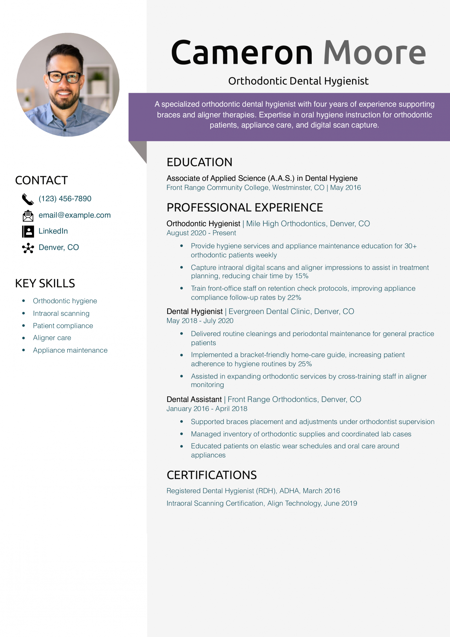 Orthodontic Dental Hygienist Resume Example