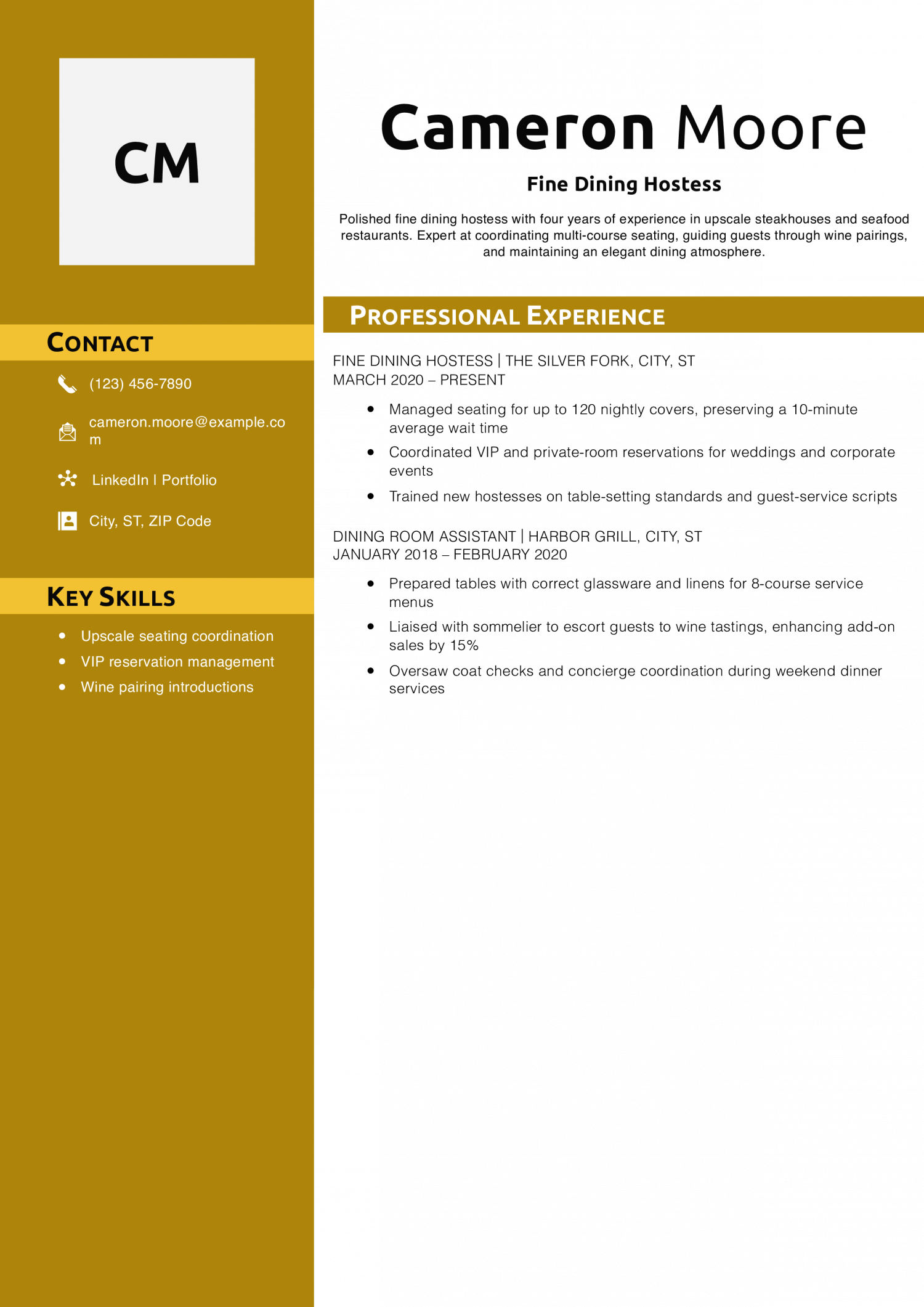 Fine Dining Hostess Resume Example