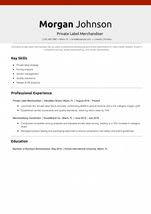 Private Label Merchandiser Resume Example